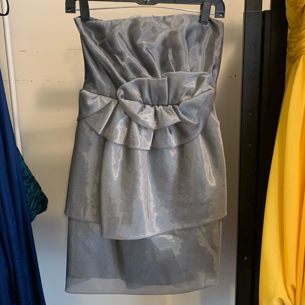Strapless, short, silver dress